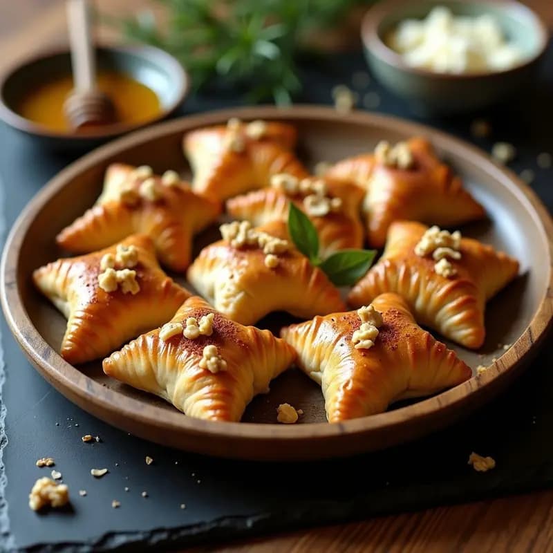 B_space de berenjena y queso feta con miel: entrantes turcos dorados en forma de sobre, con masa filo crujiente y relleno cremoso, servidos en bandeja de madera con un chorrito de miel y nueces picadas.