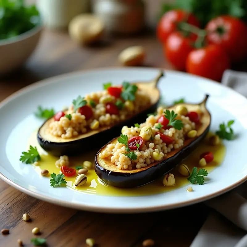 Berenjenas asadas rellenas de couscous integral con trozos de pistacho y perejil, servidas en plato de cerámica blanca sobre fondo rústico.
