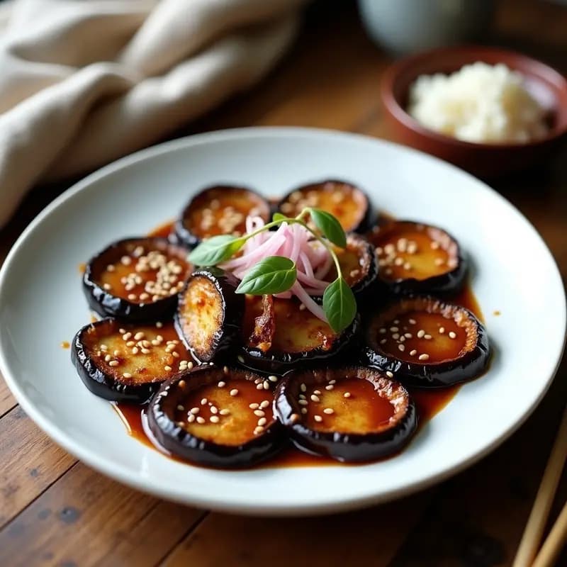 Plato blanco con berenjenas al miso doradas, bañadas en salsa espesa y oscura, decoradas con semillas de sésamo y cebolla morada. Receta japonesa express con sabor umami.