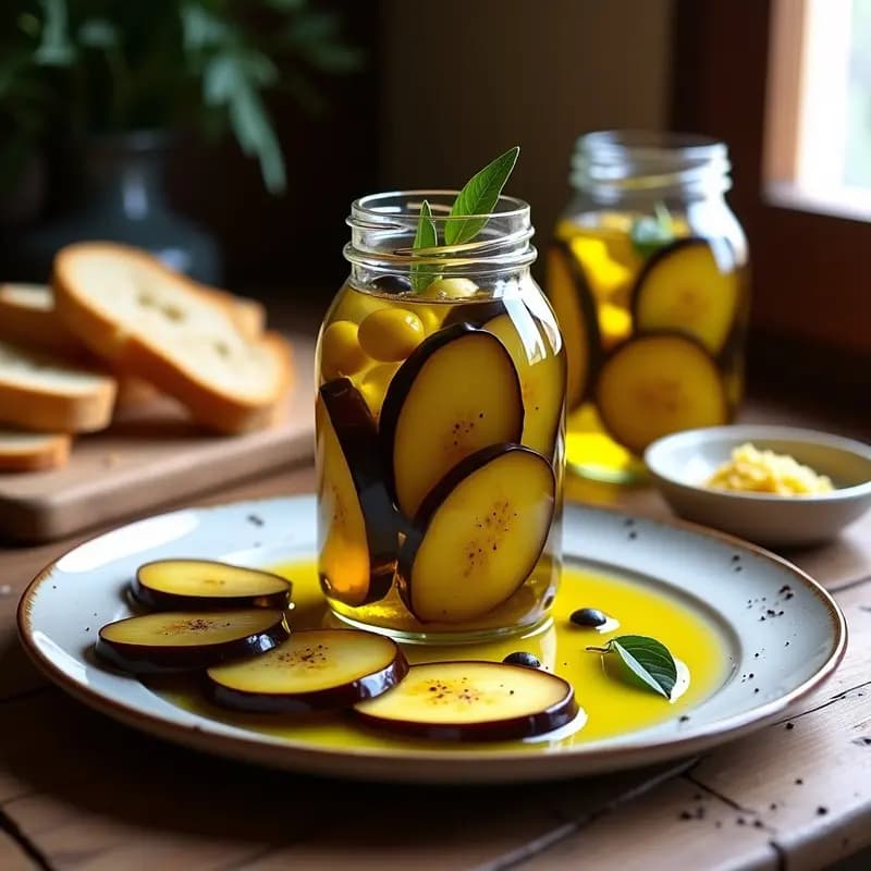 Tarros de vidrio transparentes llenos de berenjenas en rodajas escabechadas, bañadas en aceite de oliva y vinagre, con hojas de laurel y granos de pimienta visibles. Plato rústico con pan tostado al lado, mostrando la textura tierna de las berenjenas.