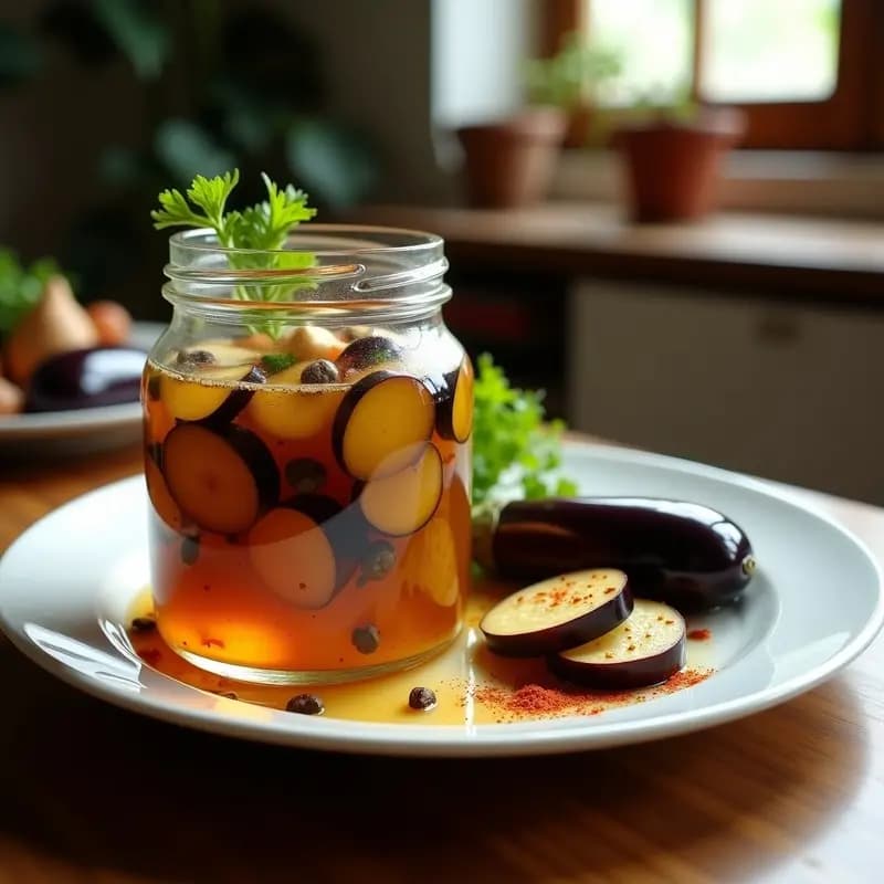 Frasco de vidrio transparente con berenjenas de Almagro en rodajas, marinadas en vinagreta dorada con especias visibles como ajo, laurel y pimentón. Plato tradicional de Castilla-La Mancha sobre fondo rústico de madera.