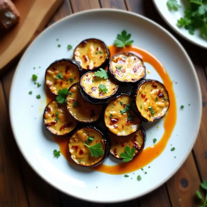 Plato blanco con rodajas de berenjenas asadas doradas, cubiertas de alioli ahumado cremoso y decoradas con perejil fresco, receta vegana y sin lactosa.