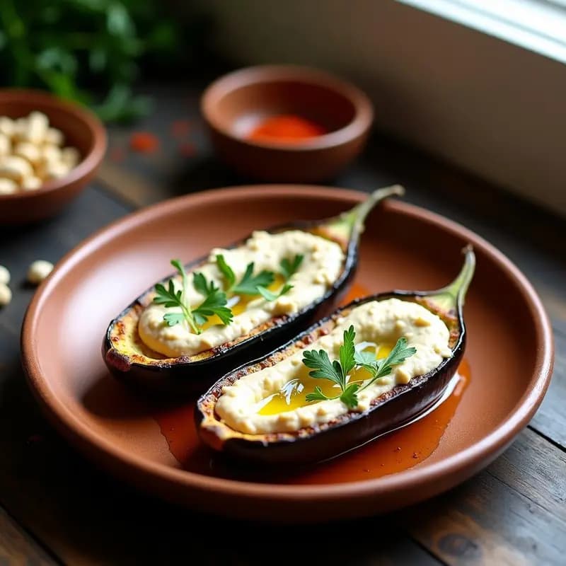 Berenjenas asadas abiertas en un plato de barro, rellenas de crema ahumada de anacardos, decoradas con perejil fresco y un hilo de aceite de oliva virgen extra.