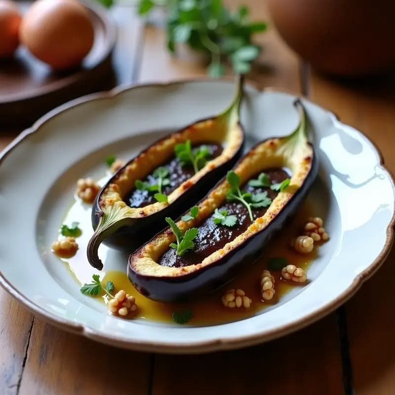 Berenjenas asadas abiertas en un plato de cerámica blanca, rellenas de crema de ajo negro y queso de cabra, decoradas con nueces picadas, perejil fresco y un hilo de miel, sobre fondo rústico de madera.