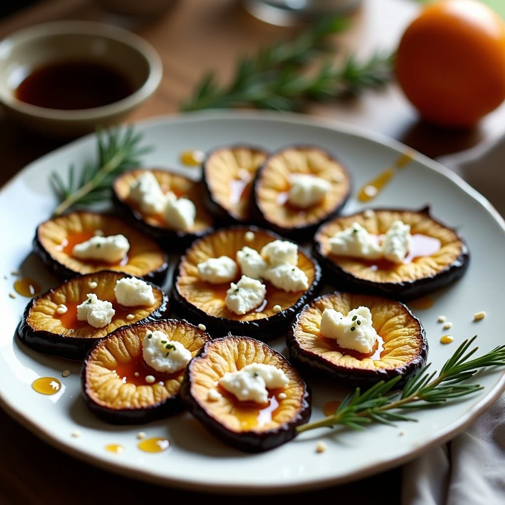 Plato blanco con berenjenas asadas en rodajas doradas, cubiertas de queso de cabra desmenuzado, miel de agave brillante y semillas de sésamo. Decorado con romero fresco y un hilo de vinagre balsámico. Receta griega en airfryer, aperitivo saludable y gourmet.