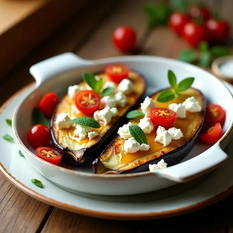Berenjenas asadas abiertas en bandeja de horno, rellenas de queso feta desmenuzado, tomates cherry y bañadas con miel, decoradas con hojas de menta fresca.
