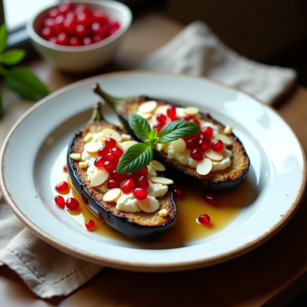 Plato de berenjenas asadas rellenas de queso de oveja desmenuzado y semillas de granada, decoradas con almendras fileteadas y hojas de menta fresca. Receta griega en olla express con toques dorados en el queso.