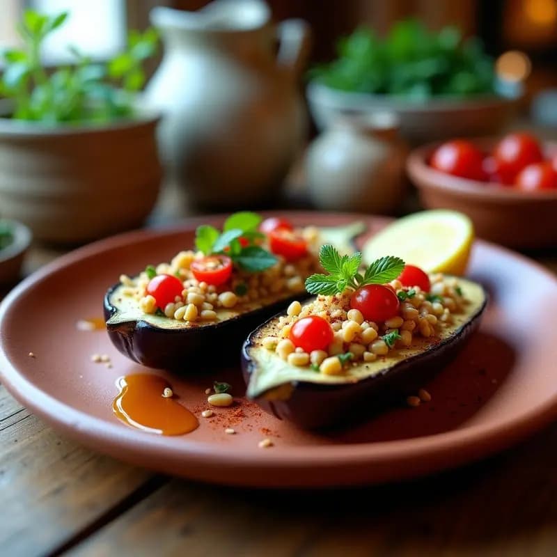 Berenjenas asadas al grill rellenas de quinoa con tomate cherry, piñones y hierbas frescas, servidas en plato de barro rústico.