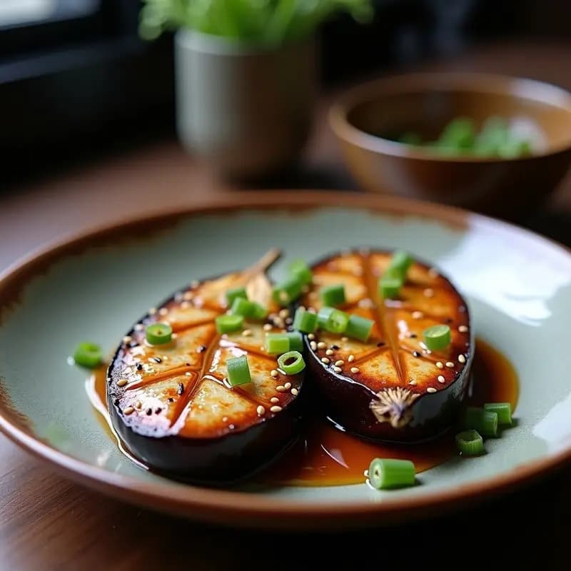 Berenjenas al miso glaseado horneadas en bandeja rústica, con glaseado dorado y brillante, semillas de sésamo y cebolla verde picada por encima.