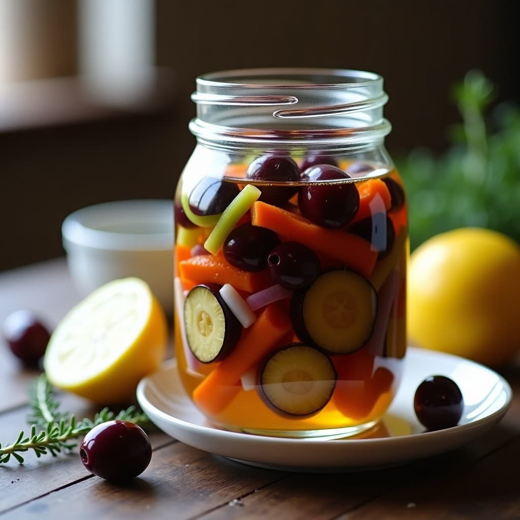 Tarro de vidrio transparente relleno de berenjenas en escabeche con aceitunas Kalamata, cebolla morada, zanahoria y apio, bañadas en aceite de oliva y vinagre. Receta griega vegana en conserva sobre fondo rústico de madera.