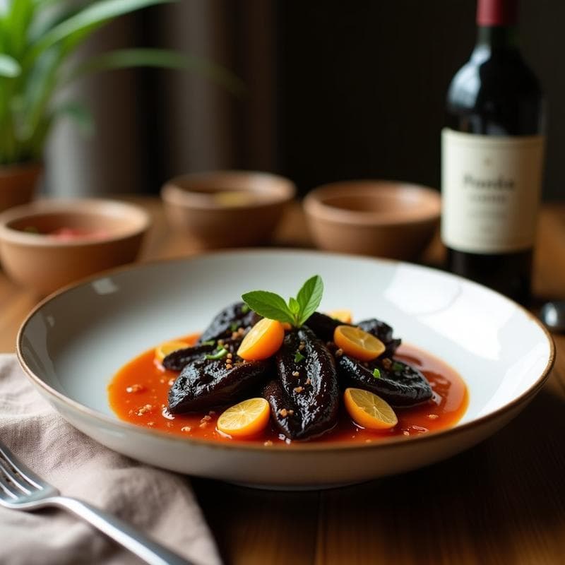 Plato blanco rústico con berenjenas en escabeche con ajo negro y pimentón de la Vera, decoradas con perejil fresco y rodeadas de aceite de oliva brillante.