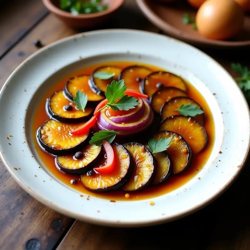 Plato blanco rústico con berenjenas en escabeche andaluzas, rodajas doradas bañadas en líquido dorado con especias, acompañadas de cebolla morada y pimiento rojo. Receta tradicional en olla superpuesta.