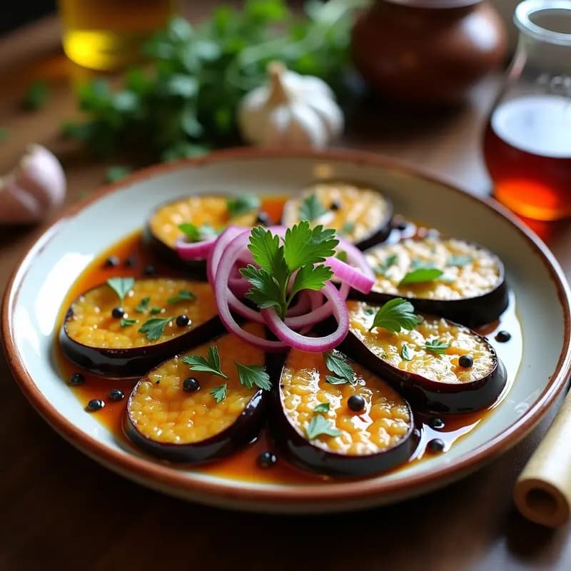 Plato de berenjenas en escabeche con rodajas doradas de berenjena, cebolla morada y perejil fresco, bañadas en vinagre de Jerez, servidas en fuente de barro.
