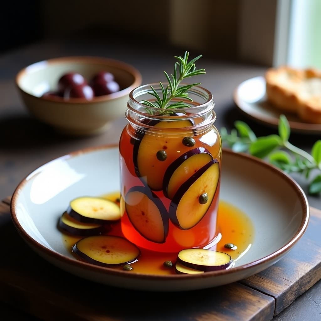 Berenjenas en escabeche con vinagre de frambuesa en Thermomix, servidas en un plato blanco de cerámica con rodajas de zanahoria naranja y pimienta rosa. Aperitivo griego colorido y aromático, con líquido de marinado brillante y hierbas frescas.