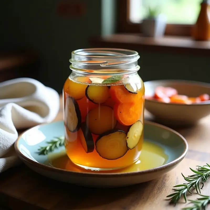 Frasco de cristal transparente lleno de rodajas de berenjenas en escabeche, bañadas en un líquido dorado con especias y verduras. Receta tradicional de berenjenas en escabeche con vinagre y miel.