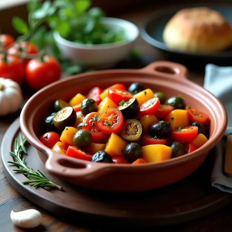 Fuente de barro rústica con berenjenas escalivada tradicionales, trozos de pimiento rojo y verde, tomate y cebolla asados, bañados en aceite de oliva virgen extra, sobre fondo de madera.