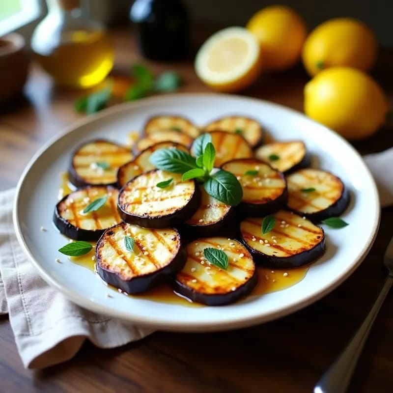 Plato blanco con berenjenas al horno doradas, láminas de queso halloumi crujiente, miel dorada y hojas de menta fresca, receta griega sin gluten.