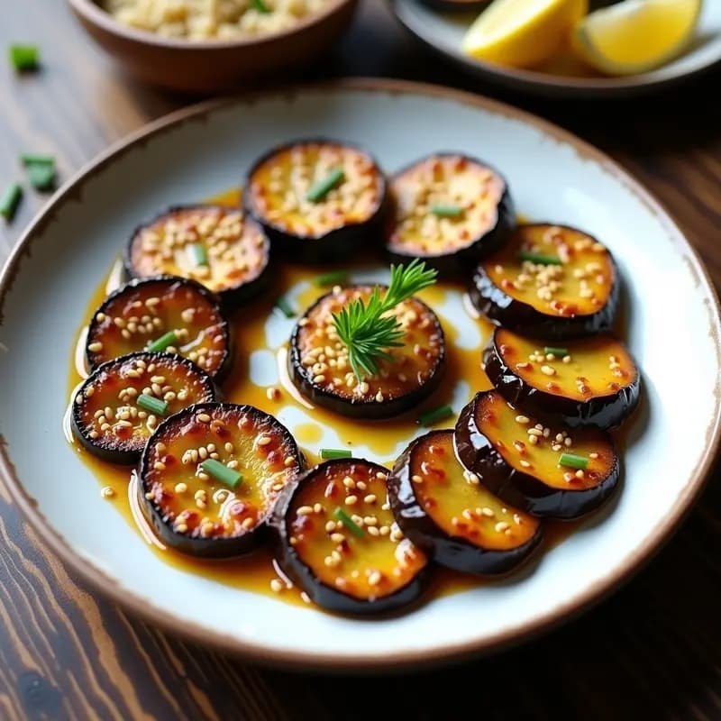 Bandeja de horno con rodajas doradas de berenjena glaseadas con salsa de miso y tahini, espolvoreadas con semillas de sésamo y cebollino fresco, receta vegana alta en proteínas.