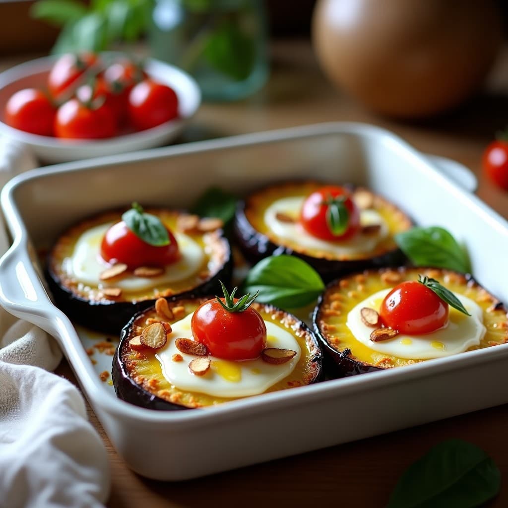 Bandeja de horno con rodajas doradas de berenjena asada, cubiertas con queso de cabra cremoso ligeramente gratinado y tomates confitados brillantes. Decoradas con almendras tostadas y hojas de albahaca fresca. Receta mediterránea keto.