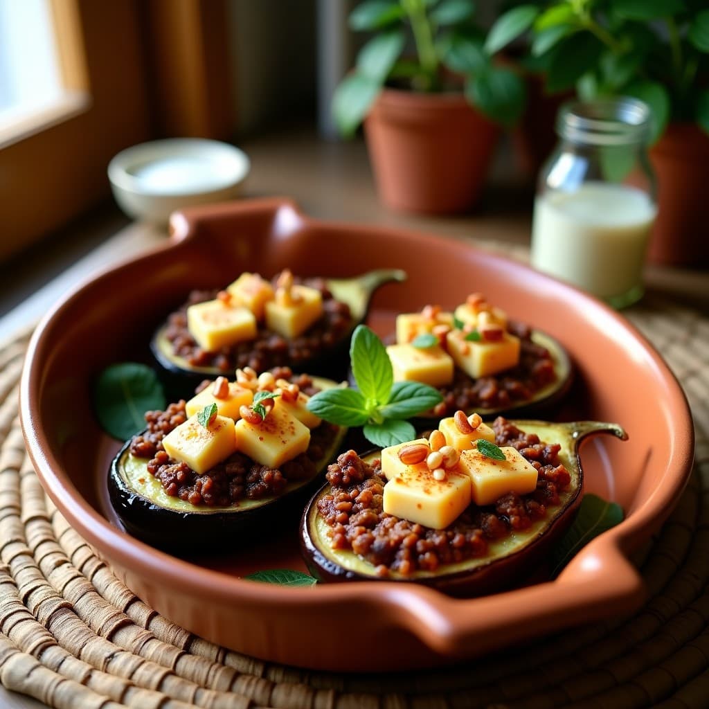 Berengenas al horno rellenas de carne picada especiada y cubos dorados de queso halloumi, decoradas con menta fresca y piñones tostados sobre una bandeja de barro rústica, receta chipriota tradicional.