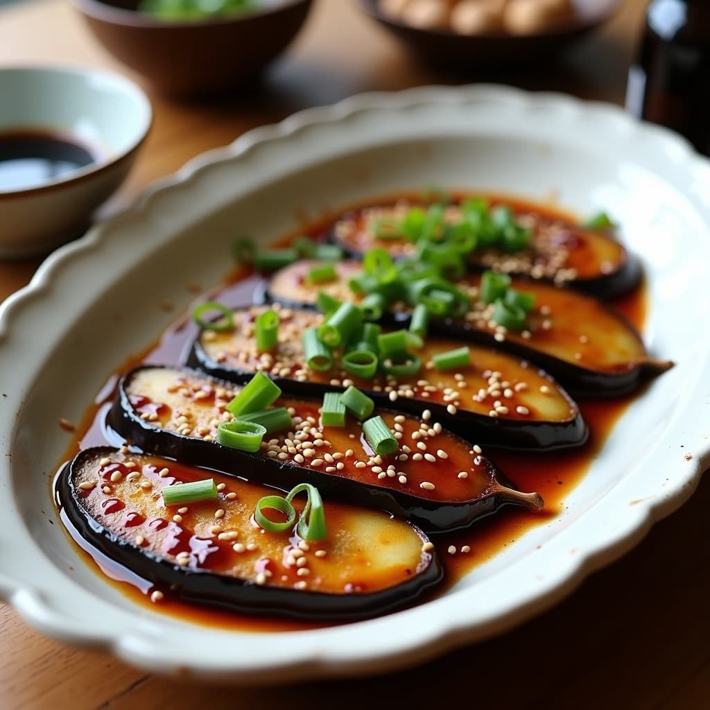 Bandeja de horno con rodajas de berenjena doradas cubiertas de salsa de miso brillante y espolvoreadas con sésamo toastado y cebollino fresco, receta japonesa vegana y umami.