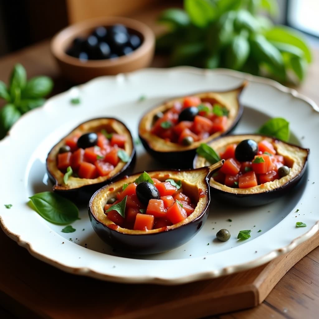 Plato blanco con cuatro mitades de berenjenas al microondas, rellenas de una mezcla jugosa de tomate, aceitunas negras y alcaparras, espolvoreadas con perejil fresco. Fondo rústico con detalles de madera y hierbas aromáticas. Receta italiana sin aceite.