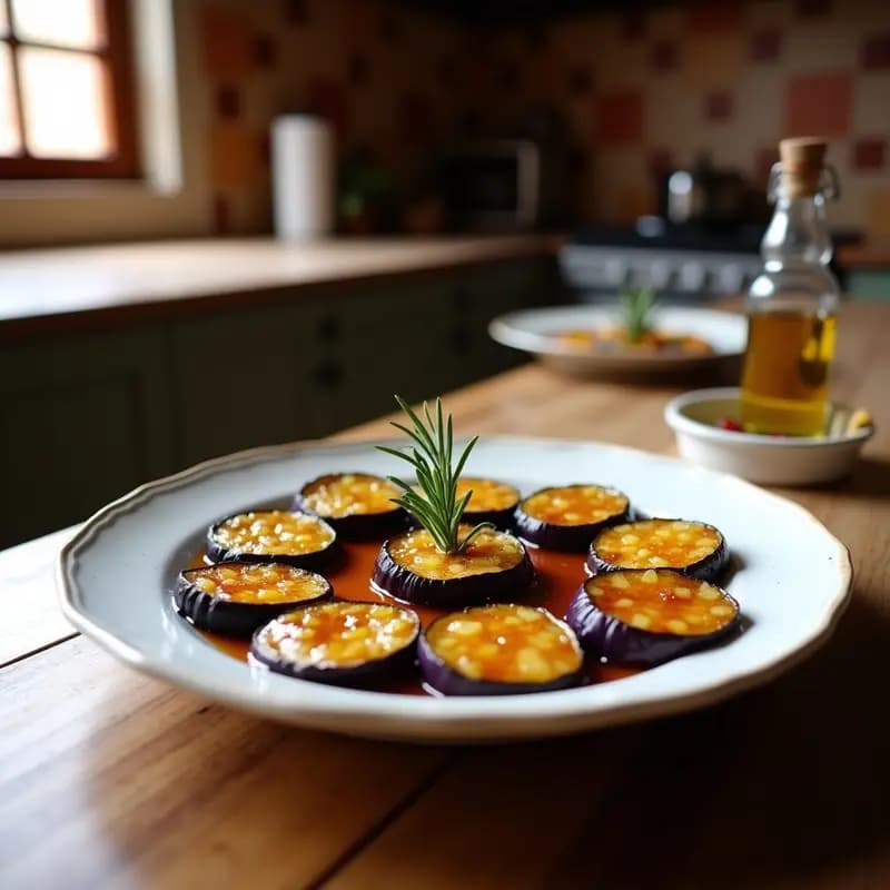Bandeja de horno con rodajas de berenjena asadas doradas, glaseadas con miel de la Alpujarra y decoradas con hojas de romero fresco. Aperitivo dulce-salado tradicional español con textura jugosa y brillo caramelizado.