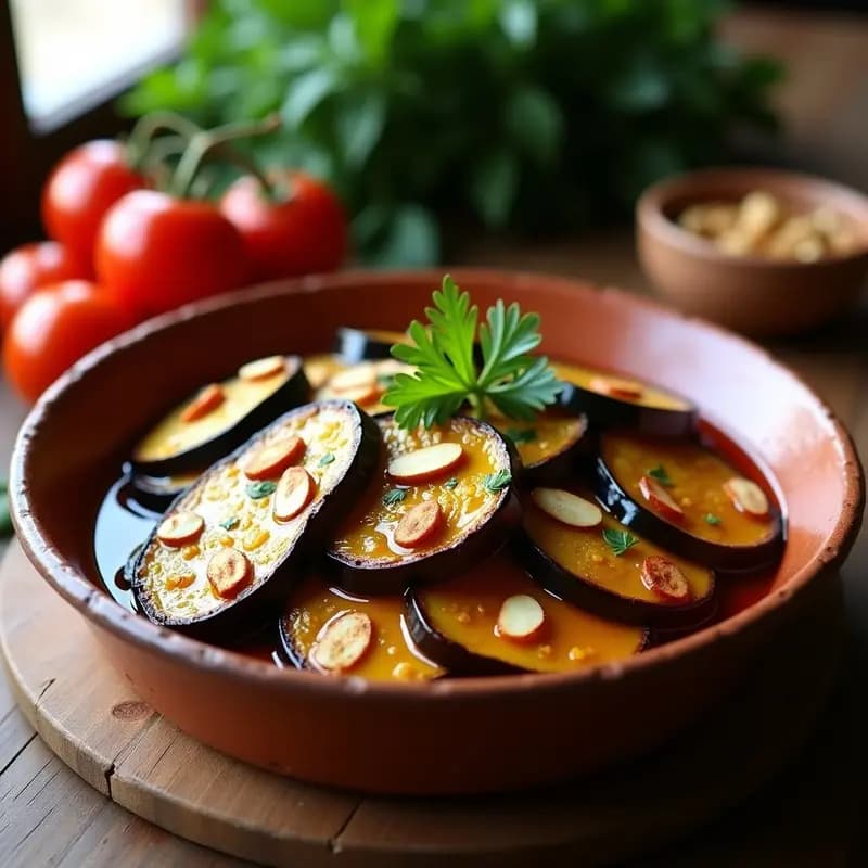 Fuente de barro con berenjenas asadas en rodajas gruesas, cubiertas con una salsa brillante de miel de la Alpujarra y vinagre de Jerez, espolvoreadas con almendras fileteadas tostadas y perejil fresco picado.