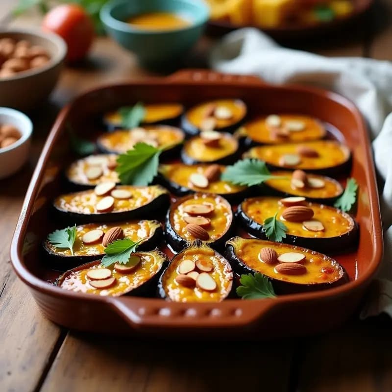 Bandeja de horno con rodajas de berenjena asadas doradas, glaseadas con miel de caña brillante, espolvoreadas con almendras fileteadas tostadas y perejil fresco, entrante murciano dulce-salado.