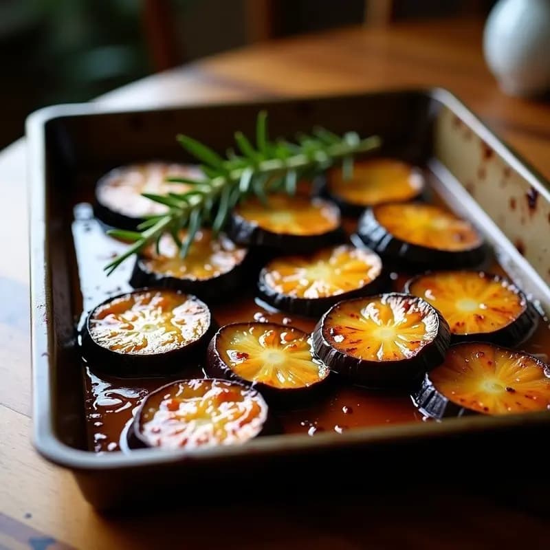 Bandeja de horno con rodajas de berenjena doradas, brillantes por el glaseado de miel de cañamiel y vinagre de Jerez, decoradas con una rama de romero fresco. Plato típico granadino dulce y salado, servido sobre papel de horno rústico.
