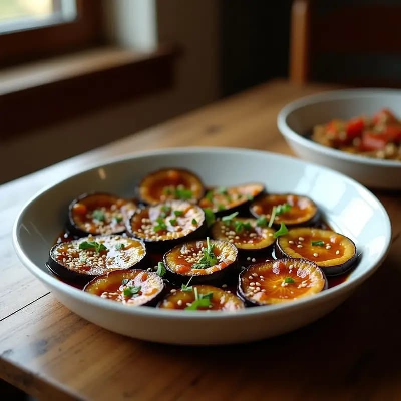 Bandeja de horno con rodajas de berenjena asadas, doradas y brillantes, cubiertas con miel de la Vega Granadina y espolvoreadas con perejil fresco y semillas de sésamo. Receta tradicional andaluza de tapa dulce-salada.