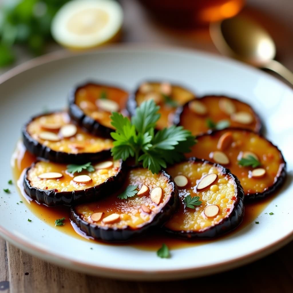 Rodajas de berenjena doradas y crujientes en una fuente blanca, bañadas con una reducción brillante de miel y vinagre balsámico, decoradas con almendras fileteadas y perejil fresco. Entrante italiano gourmet hecho en airfryer, con textura perfecta y colores vibrantes.