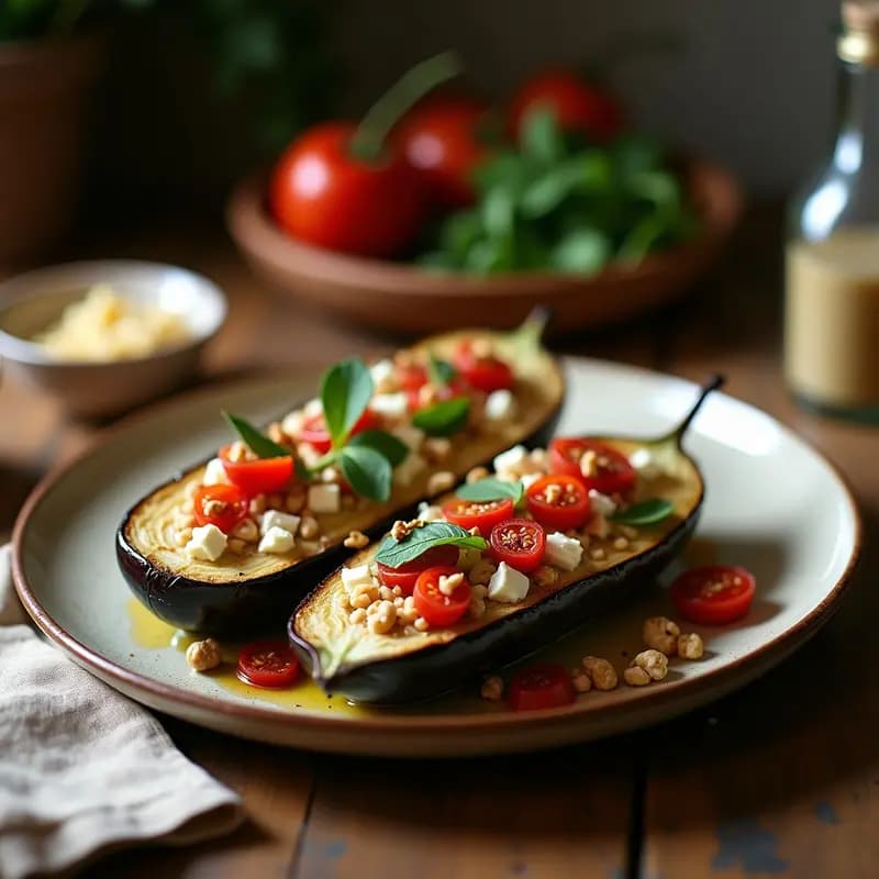 Berenjenas asadas abiertas rellenas de una mezcla cremosa de queso de cabra blanco, trozos de nueces doradas y tomate seco, sobre bandeja de horno rústica con hierbas frescas.