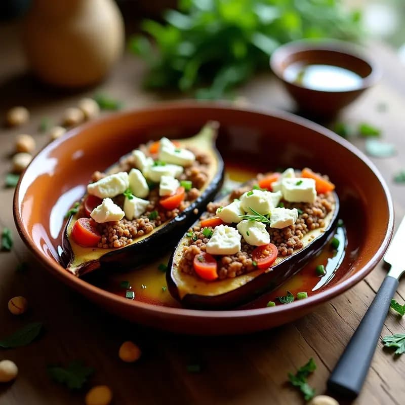 Berenjenas asadas al horno rellenas de cordero picado especiado con comino y pimentón, cubiertas de queso feta dorado y decoradas con cebollino fresco.