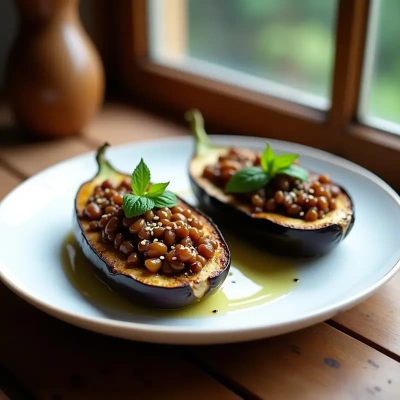 Berenjenas asadas rellenas de lentejas especiadas con comino y pimentón ahumado, decoradas con hierbabuena fresca y semillas de sésamo sobre un plato de cerámica blanca.