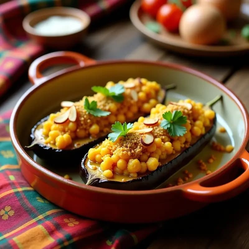 Berenjenas asadas rellenas de quinoa y curry de garbanzos con almendras fileteadas y cilantro fresco, receta india vegetariana.