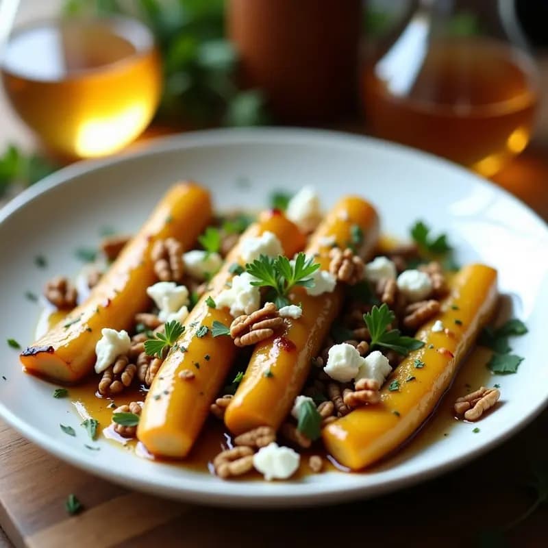 Plato blanco con bergenias asadas al horno en airfryer, bañadas en miel de trufa brillante, cubiertas de nueces doradas y queso feta desmenuzado, con perejil fresco espolvoreado y fondo borroso de cocina rústica.