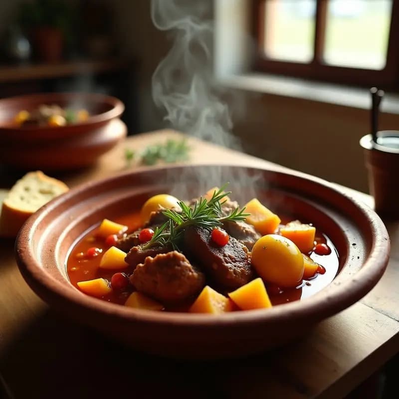 Plato hondo de barro con bería de cordero murciana: trozos tiernos de cordero estofado con patatas doradas, alcachofas verdes y salsa espesa, servido con una rama de romero fresco. Receta tradicional en olla lenta.