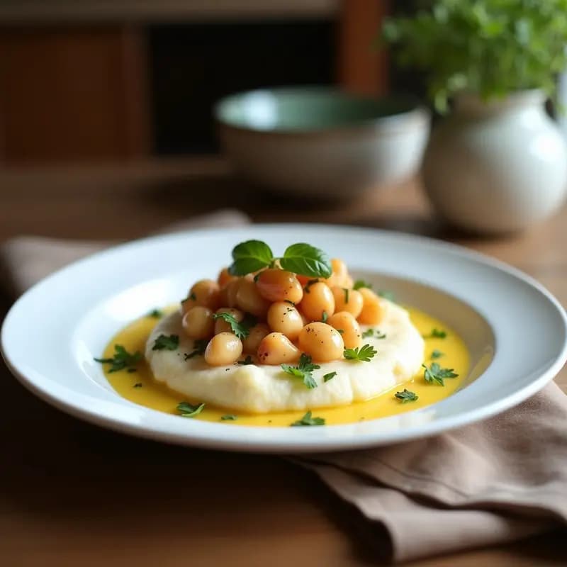Plato hondo de barro con Beriáin vasco: puré cremoso de judías blancas con trozos de bacalao desmenuzado, ajo frito crujiente y perejil fresco, servido con pan rústico al lado.