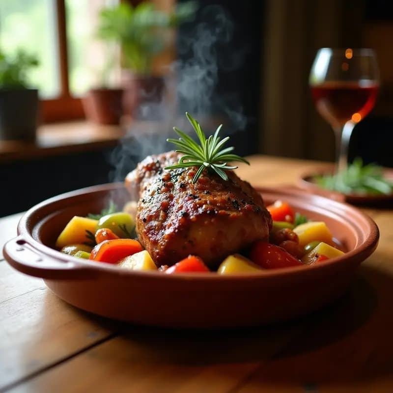Fuente de barro al horno con paletilla de cordero dorada, rodeada de cebolla, pimiento verde y tomate asados, bañados en su jugo. Receta tradicional de Beriáin de Cordero al Horno, típico de Navarra y Aragón.