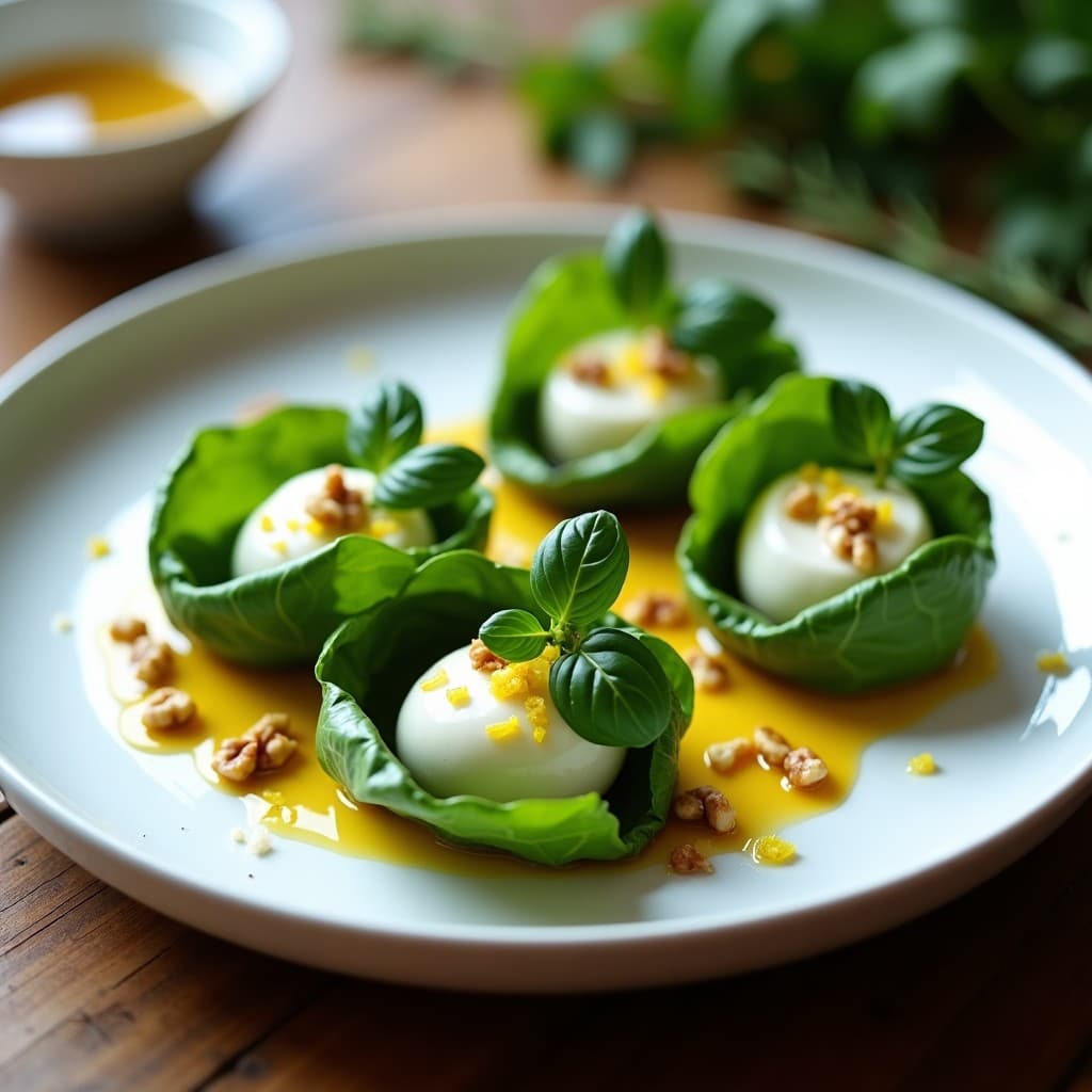 Plato blanco elegante con berros rellenos de queso burrata cremoso y nueces tostadas, bañados en vinagreta de miel brillante. Decorado con hojas de albahaca fresca y ralladura de limón, sobre fondo rústico de madera.