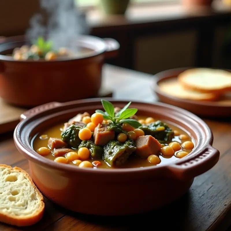 Olla de barro humeante con berza andaluza tradicional: trozos tiernos de costilla de cerdo, garbanzos dorados, patatas, zanahorias y repollo bañados en un caldo espeso y aromático. Plato rústico servido en cuenco de cerámica blanca, ideal para días de invierno.
