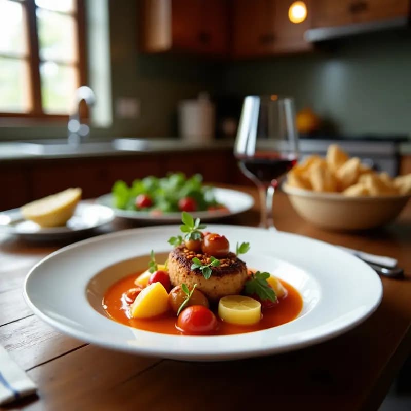Olla de barro humeante con berza andaluza con morcilla y habichuelas, trozos de patata, zanahoria y repollo, y dos morcillas enteras flotando en un caldo espeso y dorado. Plato rústico de invierno con fondo de mesa de madera.