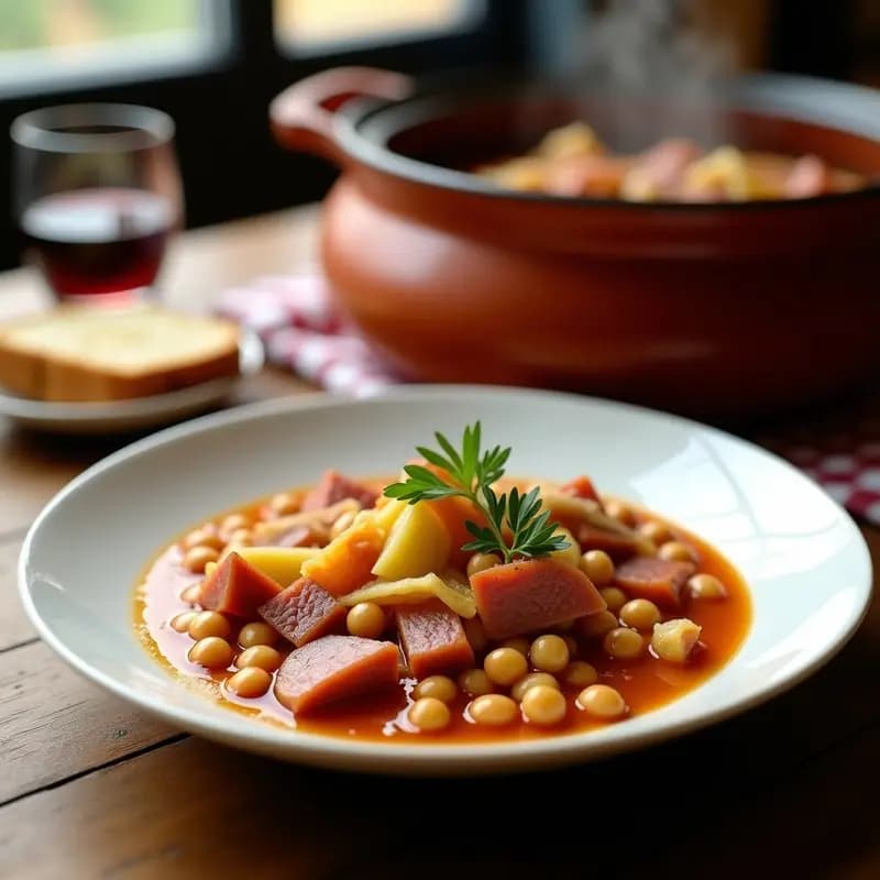 Olla de barro humeante con berza andaluza tradicional, garbanzos tiernos, trozos de pringá, jamón serrano, patatas y repollo, servida en plato hondo de cerámica blanca.