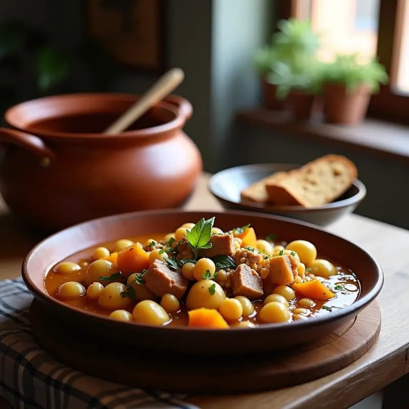 Olla grande de barro con berza andaluza humeante, llena de garbanzos, trozos de pringá, patatas y repollo, servida en plato hondo de cerámica con pan rústico al lado.