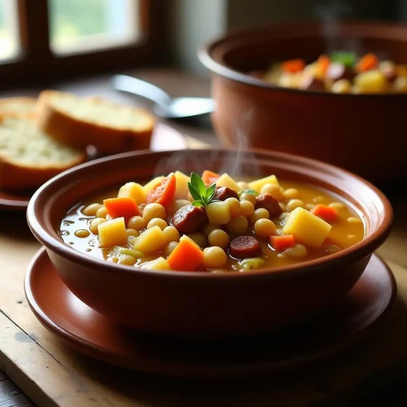Olla de barro humeante con berza andaluza con pringá y garbanzos, caldo espeso de color dorado, trozos de patata, zanahoria y repollo, servida en cuenco de cerámica rústica sobre mesa de madera.