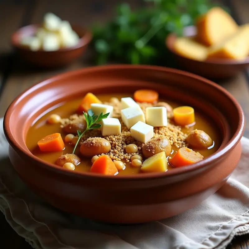 Cuenco hondo de barro con berza canaria humeante, llena de trozos de patata, zanahoria, calabaza y garbanzos, espolvoreada con gofio y coronada con trozos de queso fresco cremoso. Plato tradicional canario servido en olla rápida.