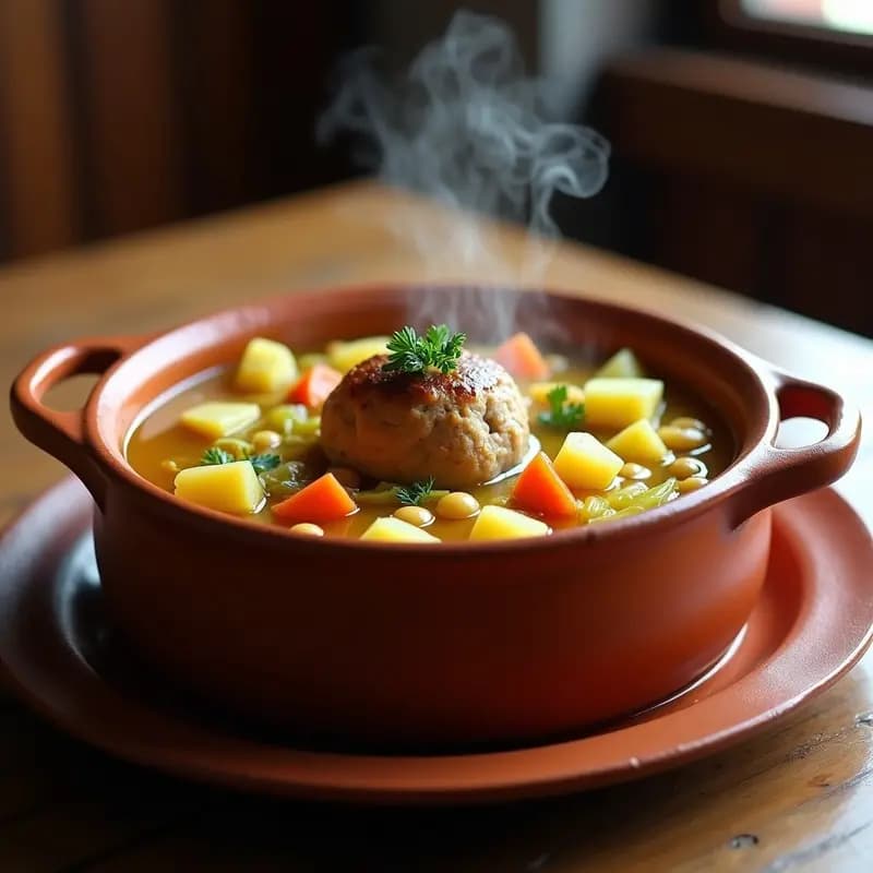 Cazuela de barro humeante con Berza Catalana, piloto de carne en el centro rodeada de trozos de col, patatas, zanahorias y garbanzos en un caldo dorado.