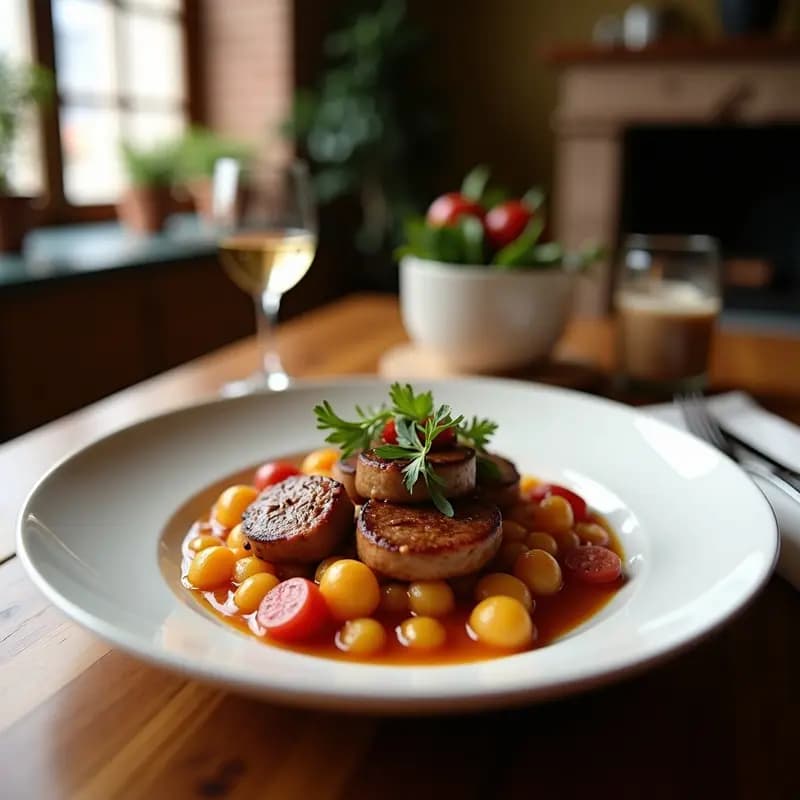 Olla de barro humeante con berza extremeña con compango, llena de col rizada, garbanzos, chorizo, morcilla y patatas en un caldo espeso. Plato tradicional español servido en cuenco rústico con pan al lado.