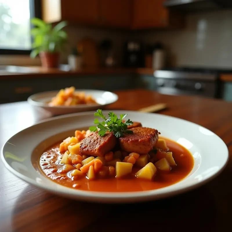 Olla de barro humeante con berza extremeña: costillas de cerdo doradas, morcilla de cebolla en rodajas, garbanzos, patatas y repollo en un caldo espeso y dorado. Plato tradicional español de cuchara, servido en cazuela rústica con fondo de madera.